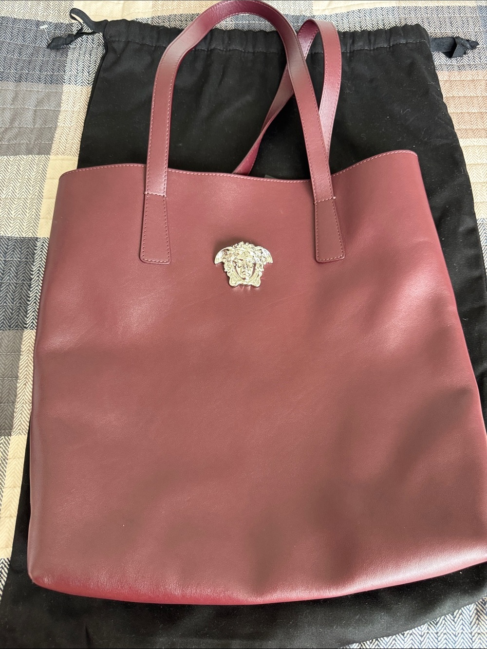 Versace Palladio Burgundy Leather Tote with Chrome Medusa Accent